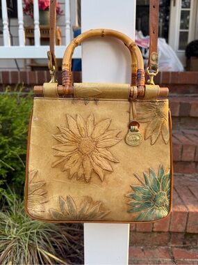 Vintage 90s Brahmin Tooled Embossed Leather Sunflower Handbag Bamboo Tote USA